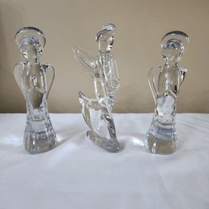 Vtg 3 Crystal Angel Statue Figurines Clear Heavy Solid Christmas Holiday Wings - Picture 1 of 11