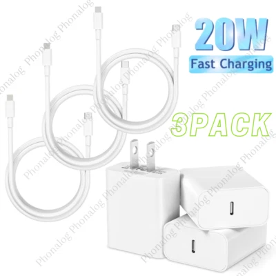 3 Pack 20W PD Fast Charger For iPhone 15/14Pro/13/12/11 USB Type C Adapter Cable - Image 1 of 4