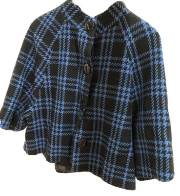 The Limited WOMEN Size Medium Plaid Short PONCHO CAPE  BLUE AND BLACK 3/4 Sleeve - Image 1 of 4