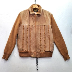 VTG 70s Brown Sweater Exchange Acylic & Suede Zip Up Sweater Sz L - Picture 1 of 12