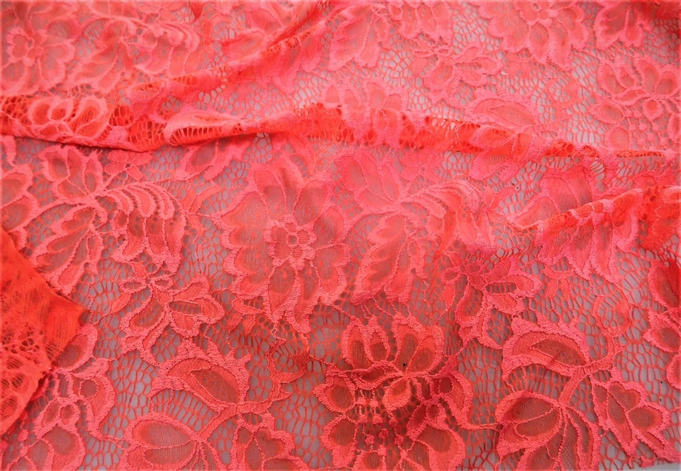 Discount Fabric Stretch Mesh Lace Pink Sherbet Embroidered Floral Sheer A500 - Image 1 of 1