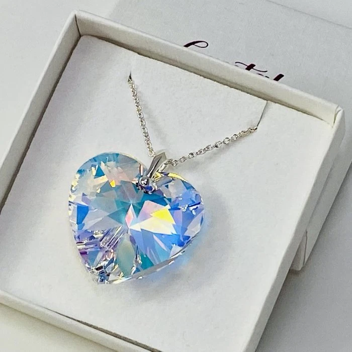 925 Sterling Silver Swarovski Elements 28mm Crystal AB Heart Necklace Pendant