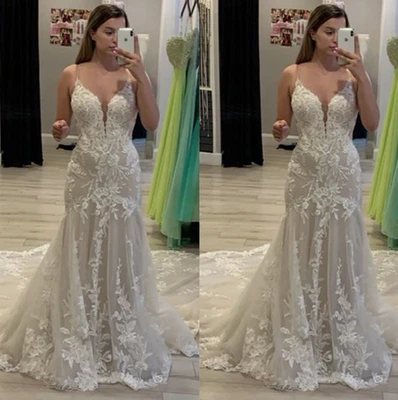 Lace Mermaid Wedding Dresses with Appliques V Neck Sweep Train Boho Bridal Gowns - Image 1 of 3