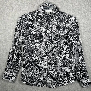 Susan Bristol Medium Linen Womens Top Long Sleeve Black White Paisley Tab - Picture 1 of 15