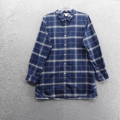 Garnet Hill Plaid Flannel Tunic Top Large Navy Blue Cotton Womens Fall Shirt - Image 1 of 4