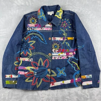 Chaqueta de mezclilla adornada Norm Thompson para mujer talla L azul floral bordada Foto 1 de 4
