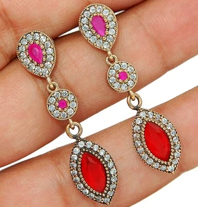Ottoman Empire Style 6CT Treated Ruby 925 Sterling Silver Earrings S3-2 - Picture 1 of 2