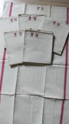 Torchons Métis lin écru avec linteau et monogramme, 6 torchons (lot2) - Photo 1/4