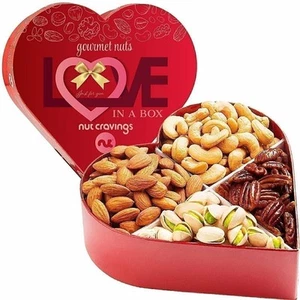 Gourmet Nut Gift Basket in Heart Box – 4 Piece Assortment, Elegant Platter - Picture 1 of 6