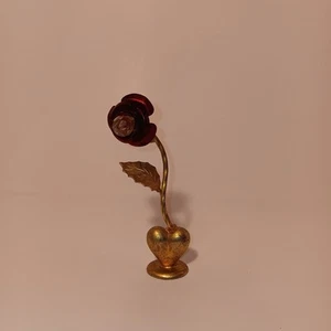 Vintage 4.5" Metal Red Rose Figurine With Brass Heart & Leaf Self Standing - Picture 1 of 3