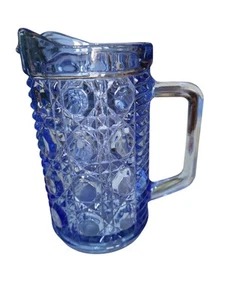 Vintage Federal Windsor Blue Crystal Button And Cane Pint Pitcher 6"Tall - Picture 1 of 10