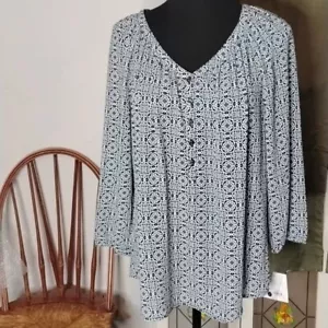 Crofts & Barrow 3/4-Ärmel V-Ausschnitt Bluse Größe LARGE blau schwarz weiß Muster neu mit Etikett - Bild 1 von 7