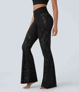Black Softlyzero High Waisted Back Pocket Contrast Lace Flare Yoga Pant💗Sz M - Picture 1 of 9