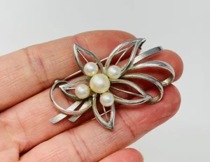 Sterling Silver Cluster Pearl Spray Pin Brooch Floral 60's Vintage - Picture 1 of 7