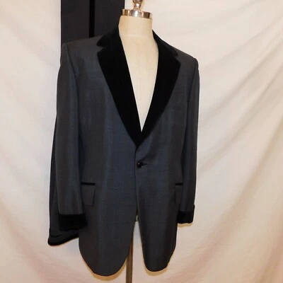 Vtg 1970s Men 40R Peak Lapel Velvet Collar Black Gray Blazer Jacket Tuxedo Pants - Image 1 of 4