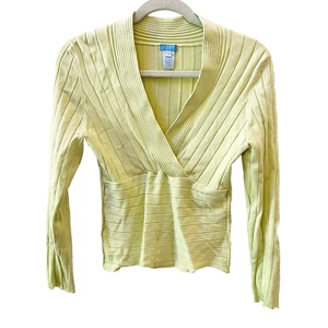 Vintage Y2K pastellgrün Seide V-Ausschnitt gerippt Bluse Damen PM Medium 3/4 Ärmel - Bild 1 von 8