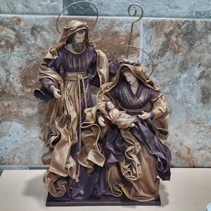 Vintage Holy Family Fabric Mache Nativity Scene Sculpture Wood Base Purple Gold - Picture 1 of 11