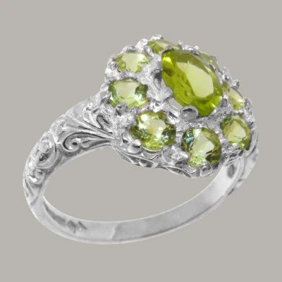 Solid 925 Sterling Silver Natural Peridot Womens Cluster Ring - Sizes 4 to 12 - Image 1 of 4