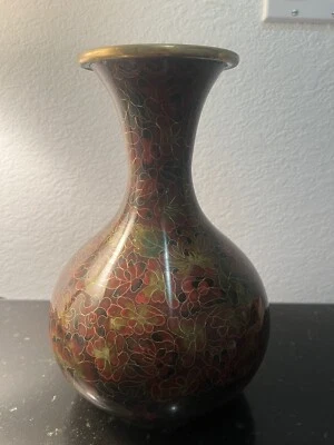Jarrón antiguo chino o japonés Cloisonne de 10 pulgadas de alto rojo con flores de peonía Foto 1 de 3