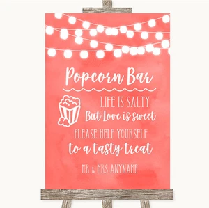 Coral Watercolour Lights Popcorn Bar Personalised Wedding Sign - Picture 1 of 8