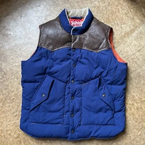 Men’s Schott Down Vest Blue Brown Leather Goose Down Sz L Sample - Picture 1 of 12