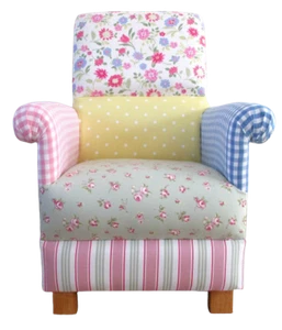 Laura Ashley Patchwork Fabric Adult Chair Pink Floral Blue Stripe Spots Armchair - Picture 1 of 24