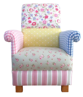 Laura Ashley Patchwork Fabric Adult Chair Pink Floral Blue Stripe Spots Armchair - Image 1 of 4