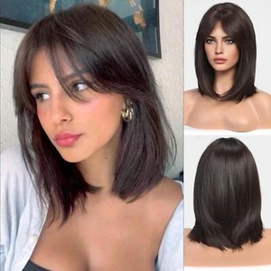 Dark Brown Wigs for Women Straight Wig with Bangs Shoulder Length Natural Brown - Picture 1 of 5