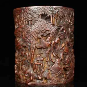 Chinesischer Holzpinsel Topf alter Bambus geschnitzt Buddha Arhat Stift Halter Sammlung - Bild 1 von 7