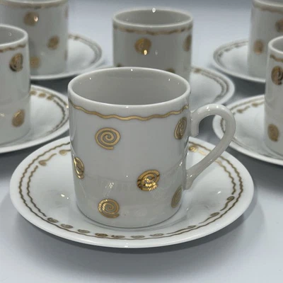 Six (6) Pottery Barn Nile Espresso Demitasse Cups/Saucers Sets Japan Gold White - Image 1 of 4