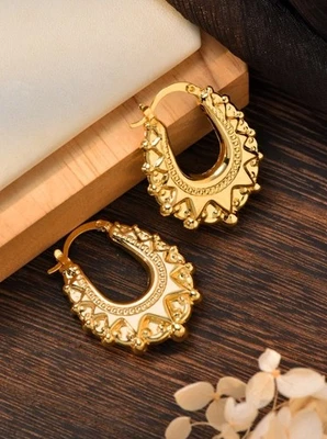 Retro Gold Plated Victorian Style Spiked Oval Creole Hoop Earring- Creole Earrin - Image 1 of 4