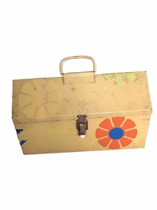 Small Vintage Metal Tool Box Yellow With Floral Stickers And Insert, Retro Mcm - Picture 1 of 12