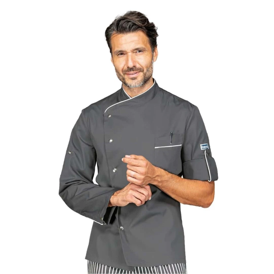 Giacca Cuoco Manhattan Grigia Profilo Bianco a Manica Lunga - Isacco - Pizzaiolo - Immagine 1 di 1