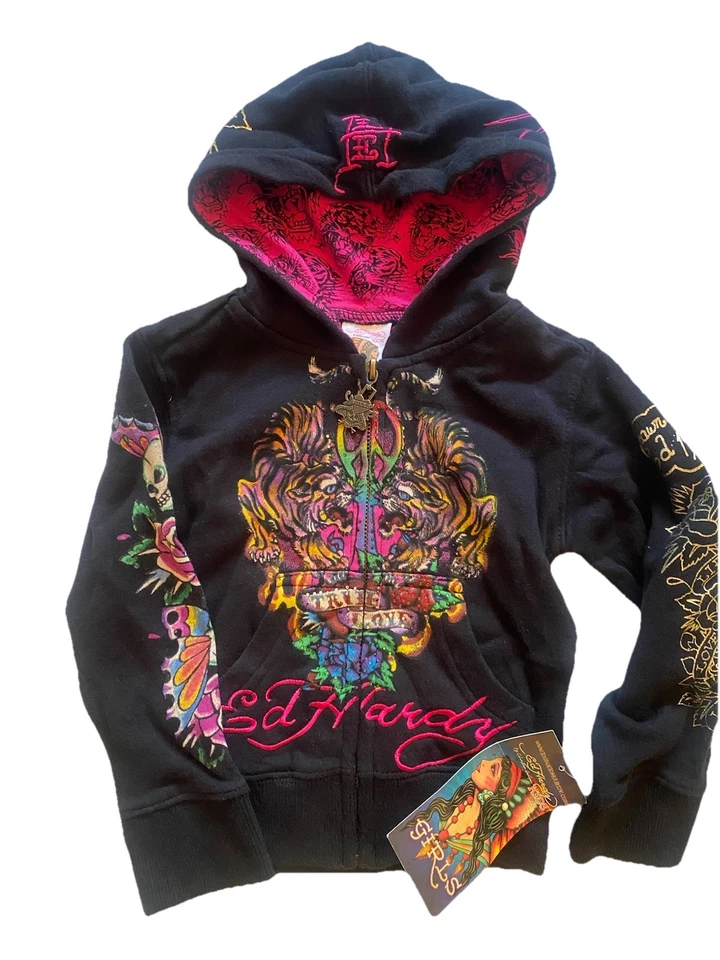 NUEVO~RARO~ Ed Hardy NIÑOS VINTAGE Y2K True Love Panther Sudadera con Capucha NIÑOS Talla 5/6 Foto 1 de 3