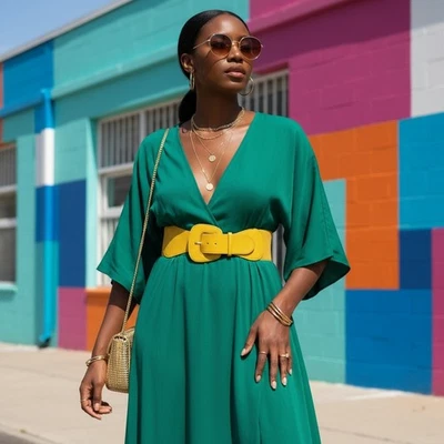 NEW Women Mustard Yellow Elastic Waistband Wide Fashion Belt Big Buckle Size S M - Image 1 of 4