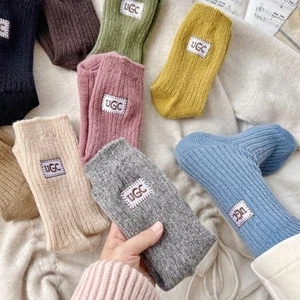 Embroidery Logo Mid-calf Sock Solid Color Knitted Socks Snow Boot Socks - Picture 1 of 21