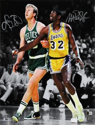 Magic Johnson & Larry Bird Signed 16x20 Vertical Boxout Spotlight Photo BAS Wit - Image 1 of 3