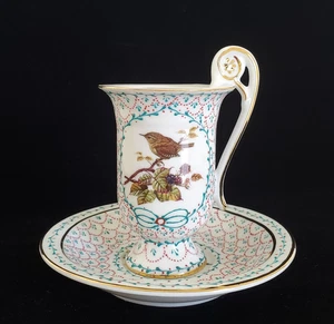 PLATILLO TAZA TÉ PORCELANA VINTAGE PINTADO A MANO ESMALTE MOTIVO PÁJARO - Imagen 1 de 11
