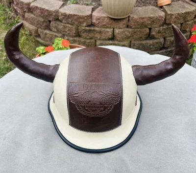 Vintage Harley Davidson Brown & White Leather Viking Horned Half Helmet/Size L - Image 1 of 4