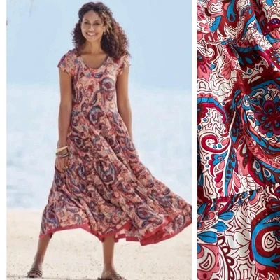 Soft Surroundings Artsy Kara Tiered Midi Dress Size S Boho Pink Red Paisley - Image 1 of 4