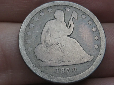 1838 P Silver Seated Liberty Quarter- Philadelphia, Good/VG Details Cover