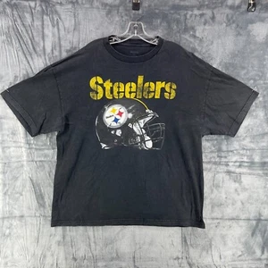 Reebok NFL Pittsburgh Steelers Helmet XXL T-Shirt Faded Black Spellout - Picture 1 of 6