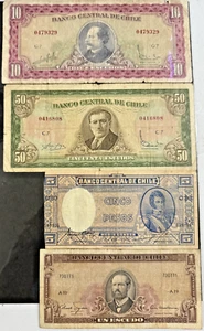 50, 10, 5 1 Chile Escudo bank bill Banknotes 1900s-1968 Bundle 4 pcs - Picture 1 of 2