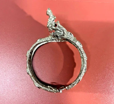 Naga Dragon Silver Bangle Bracelet Multi-Color Gemstones Thai Vintage Jewelry - Image 1 of 4