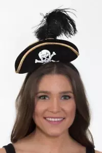 Womens Pirate Mini Hat Headband Black Tricorn Mini Cap Head Band Halloween Adult - Picture 1 of 1