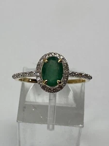 10K Yellow Gold Oval Shape Natural Emerald and Diamond Halo Ring NEW - Picture 1 of 13