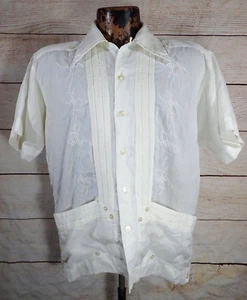 Vintage 60s 70s Loop Collar Guayabera Summer Formal Mexican Wedding Shirt Mens M - Picture 1 of 16