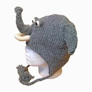 Lustige graue Elefant Strickmütze mit Stoffrüssel, Stoßzähne, gefüttert, ältere Kinder/Erwachsene - Bild 1 von 2