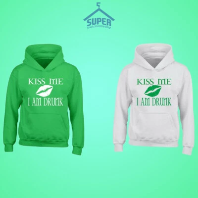 St. Patrick's Day Kiss Me I Am Drunk LIPS Unisex HOODIE Irish Party Shamrock  - Image 1 of 2