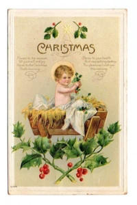 Cartolina DB, Natale, Bambino nella mangiatoia, in rilievo, 1916 - Foto 1 di 2